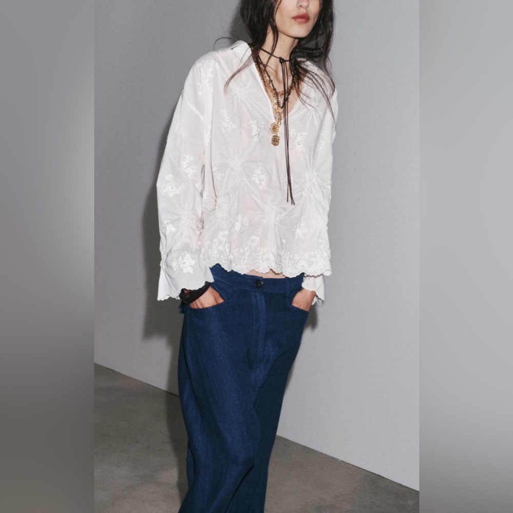 ZW COLLECTION RUCHED EMBROIDERED BLOUSE WHITE 0/7521/047